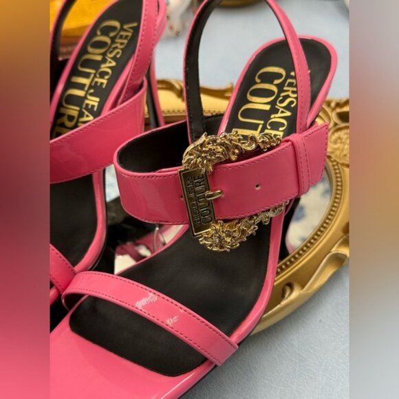 🆕 VERSACE JEANS COUTURE 🧿 NWOB Pink Buckle-Fastening Heeled Sandals Sz 37 US 7 - Picture 12 of 13